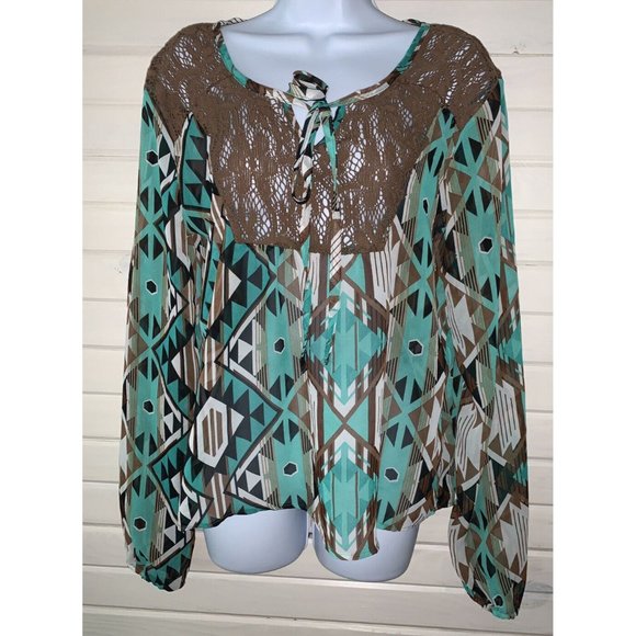Rancho Estancia Sz MEDIUM Green Brown Southwest Chiffon Lace Trim Tunic EUC - Picture 4 of 11